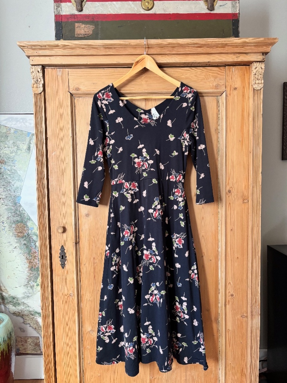 Pact 100% Organic Black Floral Fit & Flare Midi-Dress 3/4 Sleeve Size Medium